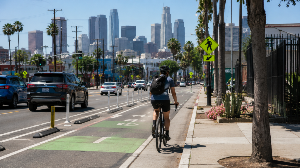 Cyclist riding in a protected bike lane on a busy Los Angeles street with nearby traffic, palm trees, and the downtown skyline, illustrating urban bicycle commuting and road safety