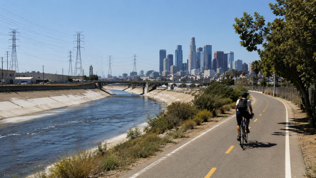 A cyclist riding on the Los Angeles River Bicycle Path with the downtown skyline in the background