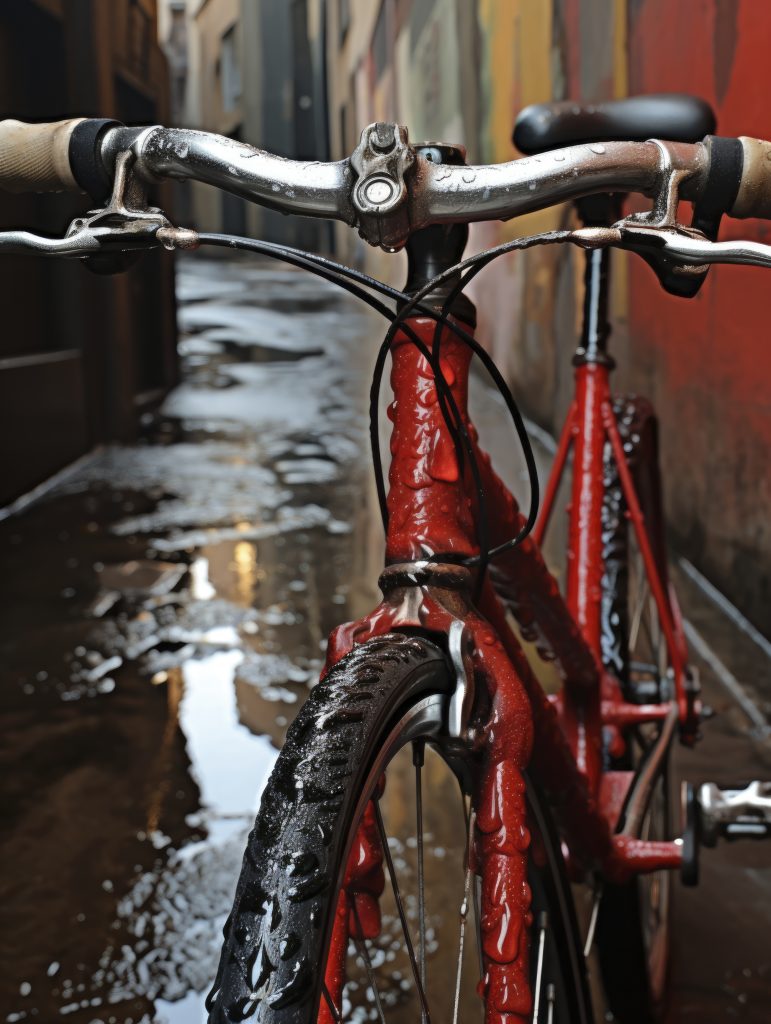 A wet red city bicycle parked in a rainy urban alleyway after a downpour.